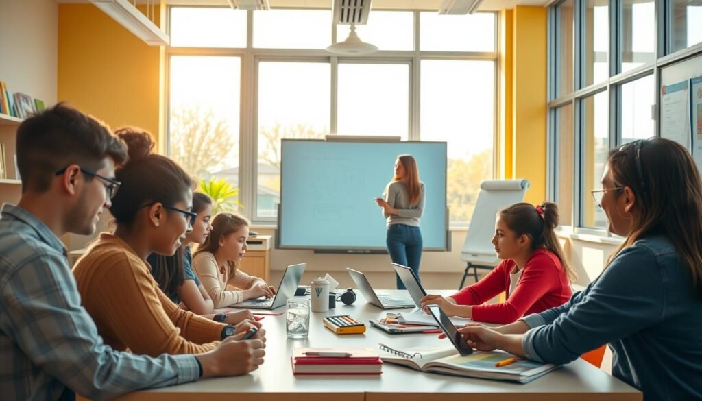 A cheerful classroom setting with large windows flooding the space with warm, natural light. In the foreground, a group of students, both online and in-person, collaborate on a project using a variety of digital devices and physical materials. The middle ground features a teacher guiding the hybrid learning experience, using a interactive whiteboard to demonstrate a concept. In the background, a mix of in-person and virtual learning elements seamlessly integrated, creating a harmonious and engaging educational environment. The overall atmosphere conveys a sense of productivity, collaboration, and a forward-thinking approach to modern learning.