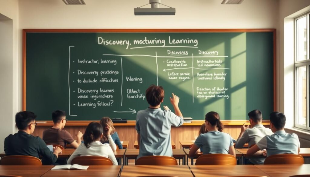 A classroom setting with a chalkboard in the background, showcasing a visual comparison of different learning methods. In the foreground, a teacher stands, gesturing towards a diagram illustrating the key differences between discovery learning and other pedagogical approaches. The middle ground features students engaged in various activities, some independently exploring concepts, others collaborating in groups. Soft, natural lighting filters through large windows, creating a calm and contemplative atmosphere. The overall composition emphasizes the contrast between the structured, instructor-led methods and the more open-ended, student-centered discovery learning approach.