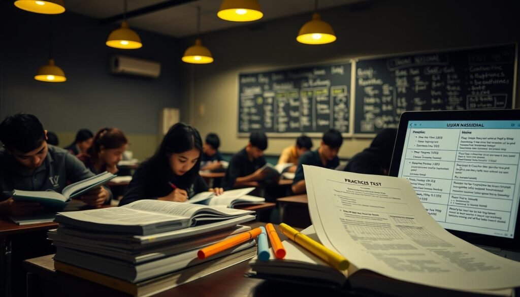 A dimly lit classroom, students diligently poring over textbooks and notes, the air thick with concentration. Soft yellow lamps cast a warm glow, illuminating the scene of earnest preparation. In the foreground, a stack of practice tests and highlighters, the tools of the trade. Beside them, a laptop displaying a schedule of study sessions and revision plans. In the background, a large blackboard filled with key formulas and mnemonics, a testament to the comprehensive approach. The overall atmosphere conveys a sense of focused determination, as these young scholars ready themselves for the momentous Ujian Nasional ahead.