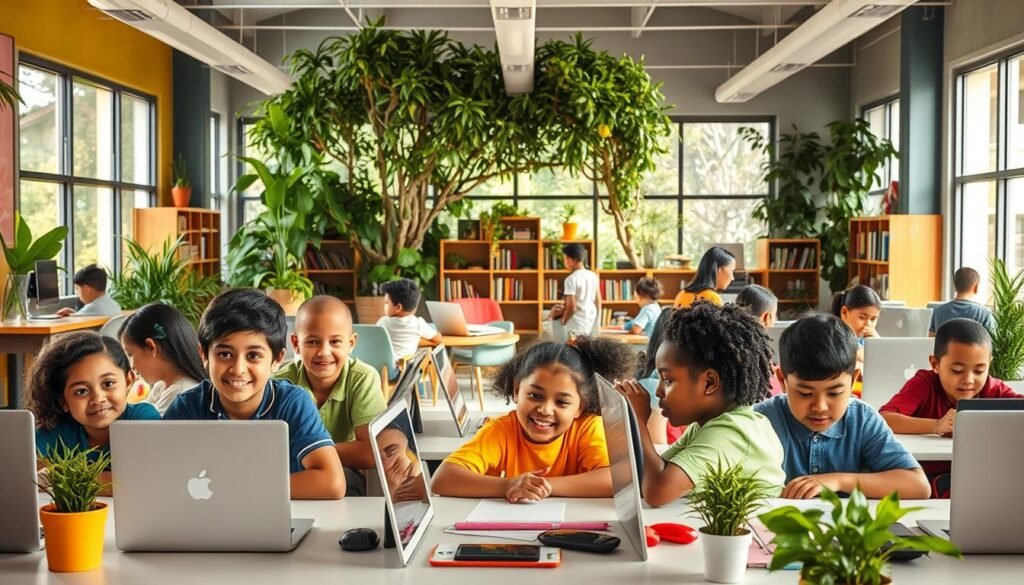 A diverse and engaging learning environment, filled with vibrant colors and natural elements. In the foreground, a group of students collaborating at modern workstations, their faces alight with curiosity and enthusiasm. The middle ground features a cozy reading nook, surrounded by lush greenery and shelves of books. In the background, large windows flood the space with warm, natural light, creating a sense of openness and tranquility. The overall atmosphere is one of creativity, exploration, and a love of learning, inspiring the students to discover and grow.