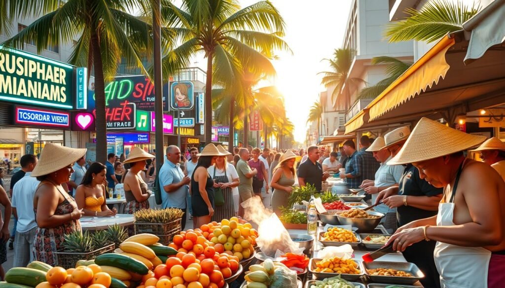 A lively street market in the heart of Miami, bustling with the aromas of local cuisine. In the foreground, a vibrant display of tropical fruits and vegetables, their colors bursting with life. Vendors in straw hats and aprons skillfully prepare traditional dishes, their hands a blur as they chop, sauté, and plate. In the middle ground, diners seated at small tables immerse themselves in the flavors, faces alight with enjoyment. The background is a kaleidoscope of neon signs, palm trees swaying gently, and the hum of lively conversation. Warm sunlight filters through, casting a golden glow and accentuating the energy of the scene. This is the Inspirasi Kuliner Miami, a melting pot of culinary traditions and vibrant cultural exchange.