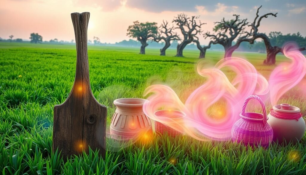 A lush, verdant field teeming with vibrant, glowing auras surrounding ancient, weathered farming tools. In the foreground, a weathered, hand-carved wooden plow stands upright, its aura emanating a warm, tranquil energy. Swirling, ethereal mists drift across the middle ground, revealing glimpses of traditional hand-woven baskets and clay pots, each imbued with a captivating aura. In the distance, a row of gnarled, twisted trees stand silhouetted against a softly hued, sun-dappled sky, their branches seemingly reaching towards the heavens. The scene exudes a sense of timeless wisdom and a deep, ancestral connection to the land.