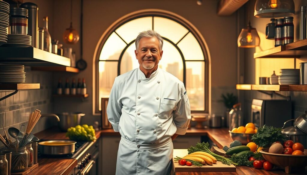 A middle-aged chef in a crisp, white uniform stands proudly in a cozy, well-equipped kitchen, surrounded by the tools of his trade. The warm, golden lighting casts a soft glow, highlighting the rich, vibrant colors of the fresh, local ingredients arrayed on the wooden countertops. In the background, a vintage, art deco-inspired Miami skyline can be seen through the large, arched window, hinting at the chef's culinary roots and the city's iconic charm. The scene exudes a sense of tradition, passion, and the celebratory atmosphere of a bustling, multicultural culinary hub.