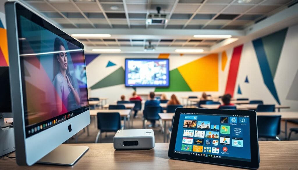 A modern, well-equipped hybrid learning classroom. In the foreground, a sleek desktop computer and a tablet device showcase interactive educational software. In the middle ground, a projector displays digital learning materials on a large screen, surrounded by comfortable chairs and desks. The background features vibrant colors, with geometrical shapes and patterns on the walls, conveying a sense of innovation and technology. Warm, natural lighting illuminates the scene, creating a welcoming and productive atmosphere for collaborative learning.