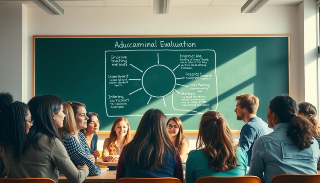 A modern, well-lit classroom scene with a large chalkboard or whiteboard in the background. On the board, a diagram or infographic highlighting the key benefits of educational evaluation, such as improving teaching methods, identifying student needs, and informing curriculum development. In the foreground, a group of diverse students and teachers engaged in a lively discussion, their expressions conveying the value and significance of assessment in enhancing the educational experience. The lighting is warm and natural, creating a sense of collaboration and intellectual stimulation. The overall atmosphere is one of growth, progress, and a shared commitment to the betterment of the educational system.