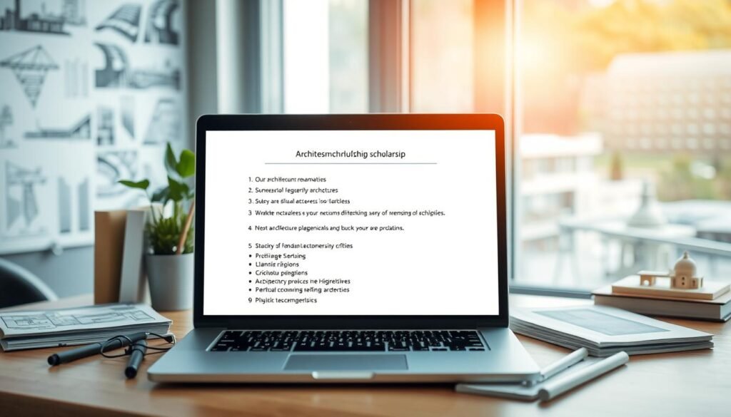 A neatly organized desktop with a laptop, books, and architectural design tools. Soft natural lighting from a large window, casting a warm glow. On the screen, a list of scholarship criteria for architecture students, displayed in a clean, professional layout. In the background, blurred images of architectural sketches, plans, and models suggest the academic and creative nature of the subject. The overall scene conveys a sense of focus, diligence, and the pursuit of higher education in the field of architecture.