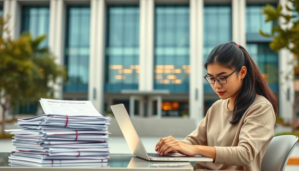 A neatly organized registration process for a Food Technology Scholarship 2025. In the foreground, a student fills out an online application form on a laptop, their face focused and determined. The middle ground features a stack of documents and certificates, symbolizing the required application materials. In the background, a sleek, modern university campus building with clean lines and glass façade, conveying a sense of academic excellence. Soft, warm lighting illuminates the scene, creating an atmosphere of professionalism and opportunity. The overall composition suggests a well-structured, seamless scholarship application experience tailored for aspiring food technology students.