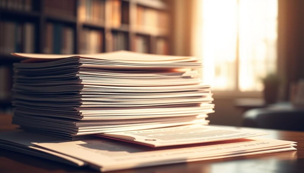A neatly organized stack of college application documents, forms, and certificates against a softly blurred academic background. Warm natural lighting casts gentle shadows, creating a sense of professionalism and diligence. The foreground features a few key application requirements, such as transcripts, test scores, and recommendation letters, arranged with care. The middle ground showcases an official university seal or logo, hinting at the prestigious institution. The background gently fades into a blurred library or study space, evoking a scholarly atmosphere. The overall tone is one of thoughtfulness, attention to detail, and the serious pursuit of higher education.