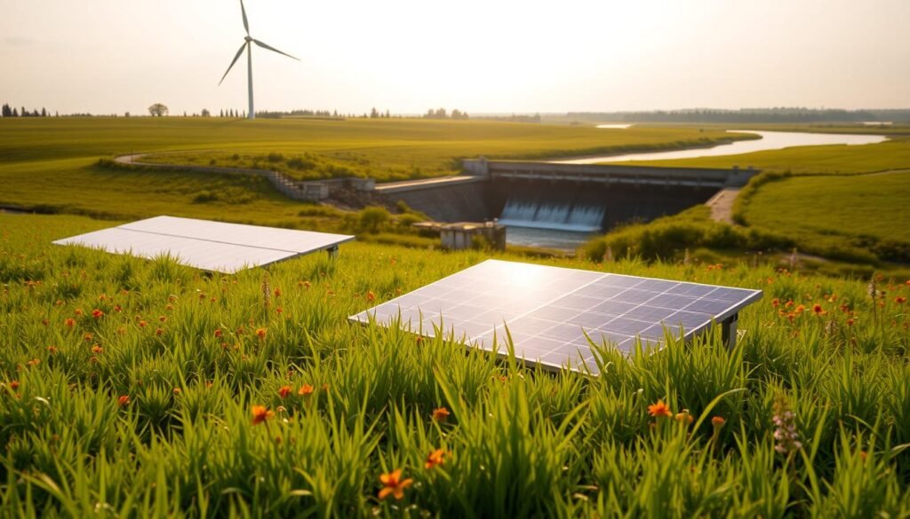 A serene, sun-dappled field of verdant grass and vibrant wildflowers, with a towering wind turbine silhouetted against a tranquil sky. In the foreground, a sleek, modern solar panel array reflects the warm sunlight, its clean lines and efficient design a testament to the ingenuity of renewable energy technology. In the middle ground, a small hydroelectric dam harnesses the power of a gently flowing river, its turbines spinning steadily to generate clean, sustainable electricity. The scene conveys a sense of harmony between nature and technology, a vision of a sustainable future where renewable energy sources seamlessly integrate with the natural world.