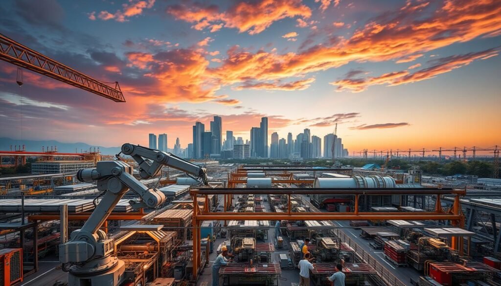 A sprawling industrial complex set against a striking skyline, bathed in warm evening light. In the foreground, a bustling assembly line where workers assemble precision machinery, their movements choreographed with efficient grace. Massive robotic arms and gleaming steel structures dominate the middle ground, symbolizing the power and sophistication of modern manufacturing. In the background, towering skyscrapers and infrastructure projects hint at the broader economic landscape, a testament to the strategic importance of this industrial hub. The scene conveys a sense of dynamism, innovation, and boundless potential - the embodiment of Indonesia's manufacturing sector and the opportunities it presents for savvy investors.