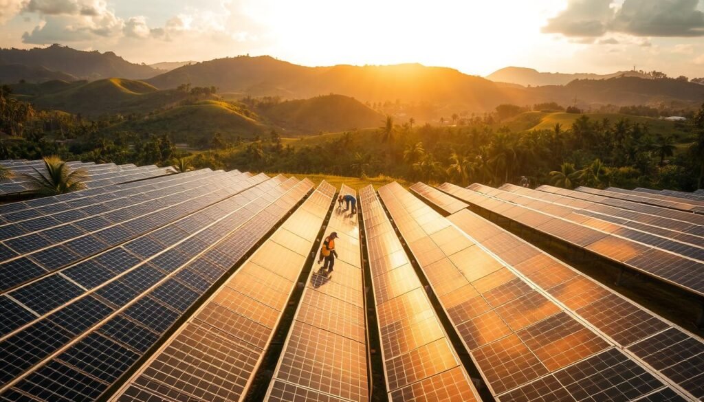 A sprawling solar panel installation nestled amidst lush, verdant Indonesian landscapes. Rows of sleek, crystalline panels bask in the warm, golden light of the tropical sun, harnessing its boundless energy to power homes, businesses, and communities. In the middle ground, technicians in protective gear meticulously maintain the system, ensuring maximum efficiency and reliability. In the background, undulating hills and swaying palm trees create a picturesque, natural backdrop, underscoring the harmony between technology and the environment. The scene exudes a sense of progress, sustainability, and a brighter, greener future for Indonesia.