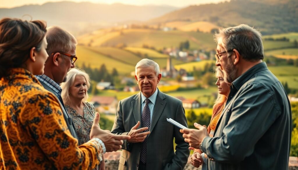 A vibrant collaboration between government officials and local community members, set against the backdrop of a picturesque village. In the foreground, a group of people engaged in a lively discussion, gesturing animatedly as they work together to address pressing local issues. The middle ground features a government representative, dressed in a professional suit, listening intently and taking notes, while surrounded by a diverse group of community members. In the background, a serene pastoral scene unfolds, with rolling hills, lush greenery, and a quaint village nestled in the distance, conveying a sense of harmony and unity between the governing body and the people they serve. Warm, soft lighting casts a welcoming glow over the entire scene, evoking a spirit of collaboration and community.