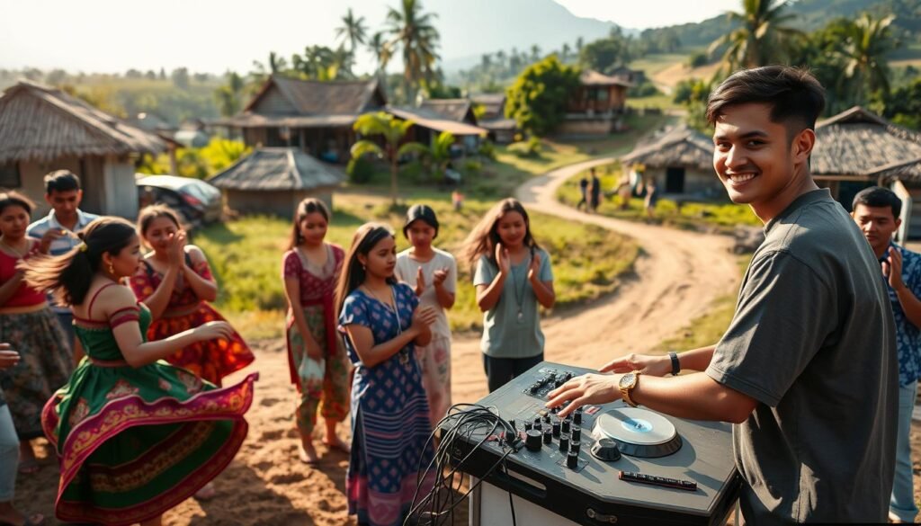 A vibrant rural scene, with a group of villagers engaged in various creative activities. In the foreground, a lively dance performance by young locals, their colorful traditional costumes swirling in the warm afternoon light. In the middle ground, a makeshift DJ booth, where a smiling student from UGM is spinning upbeat tunes, inspiring the villagers to clap and sway to the music. In the background, a picturesque village landscape, with thatched-roof houses, lush greenery, and a winding dirt path leading to the town square. The overall atmosphere is one of joyful collaboration, as the students and locals work together to bring this creative community event to life.