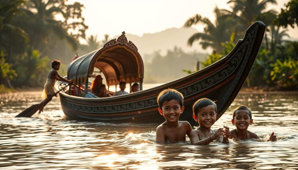 A vibrant, sun-drenched scene of a traditional Indonesian canoe, known as a &quot;sampan&quot;, lazily drifting on a serene river. In the foreground, a group of carefree children, their joyful expressions capturing the essence of &quot;pesona bocah Nusantara&quot; (the charm of Indonesian children). The canoe's intricate carvings and colorful paintwork are illuminated by the warm, golden light, casting a mesmerizing &quot;aura&quot; over the entire tableau. In the background, lush, verdant foliage and a hazy, dreamlike horizon evoke a sense of timelessness and cultural heritage. The overall composition conveys a harmonious blend of traditional Indonesian watercraft, the natural beauty of the archipelago, and the unbridled energy and innocence of its youngest inhabitants.