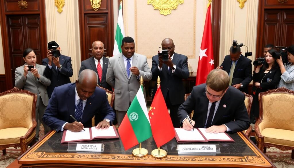 African and Asian diplomats signing South-South cooperation agreement on pandemic preparedness