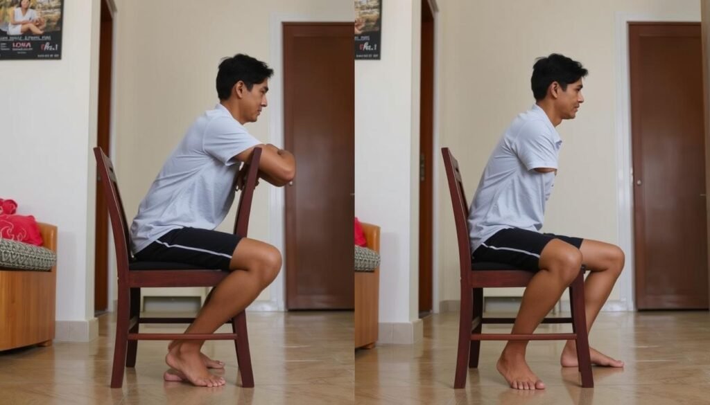 Demonstrasi gerakan squat dengan bantuan kursi untuk olahraga di rumah dengan alat minim
