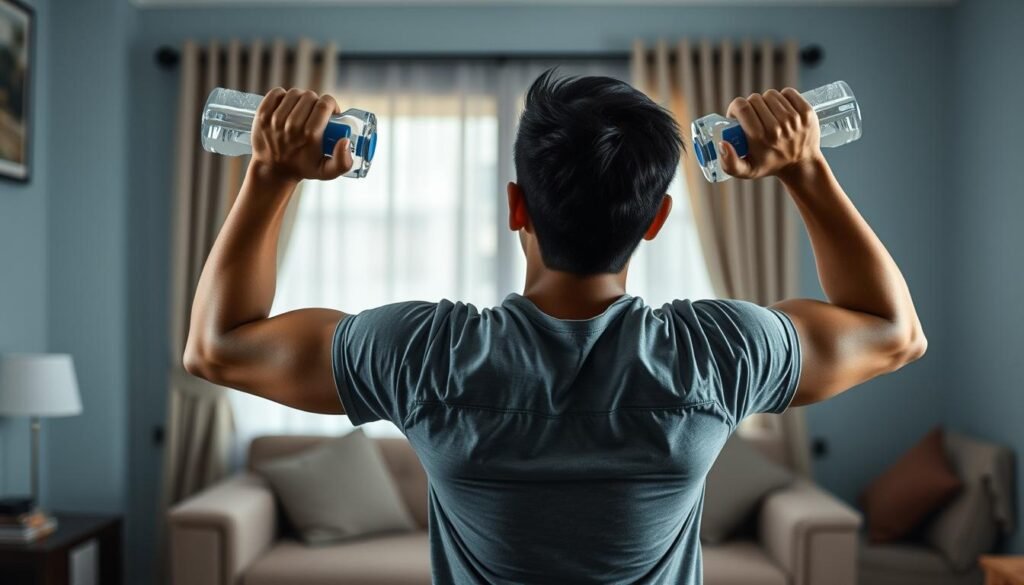 Menggunakan botol air mineral sebagai pengganti dumbbell untuk olahraga di rumah