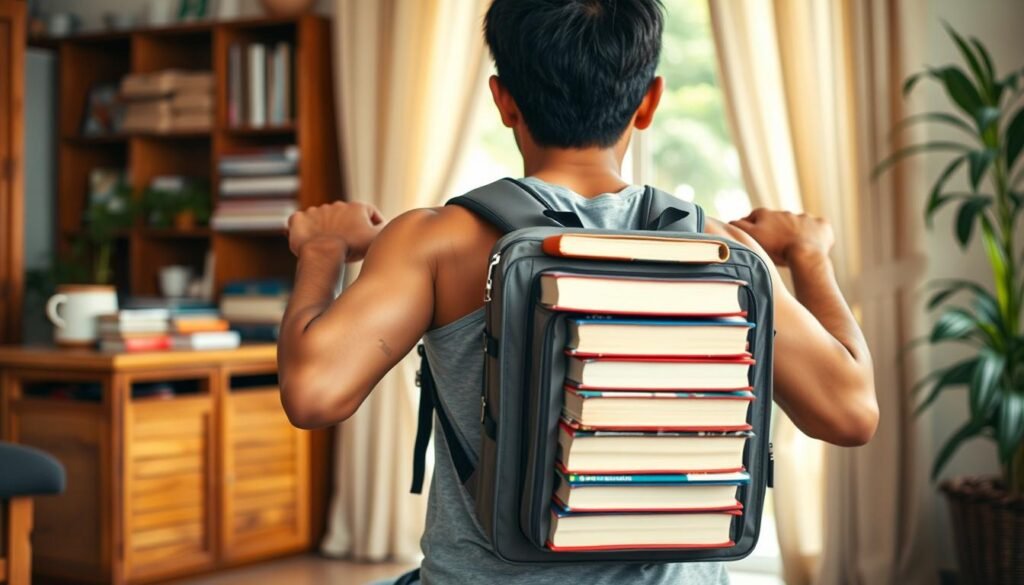 Menggunakan tas ransel berisi buku sebagai beban untuk olahraga di rumah