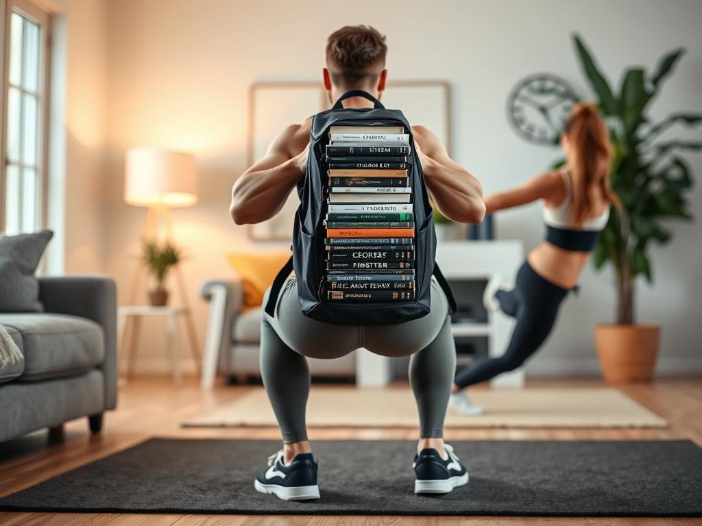 Tas ransel yang diisi buku untuk latihan beban