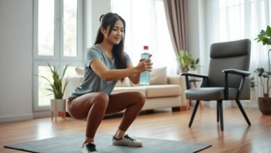 Wanita melakukan olahraga di rumah dengan alat minim seperti botol air dan kursi
