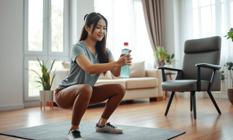 Wanita melakukan olahraga di rumah dengan alat minim seperti botol air dan kursi