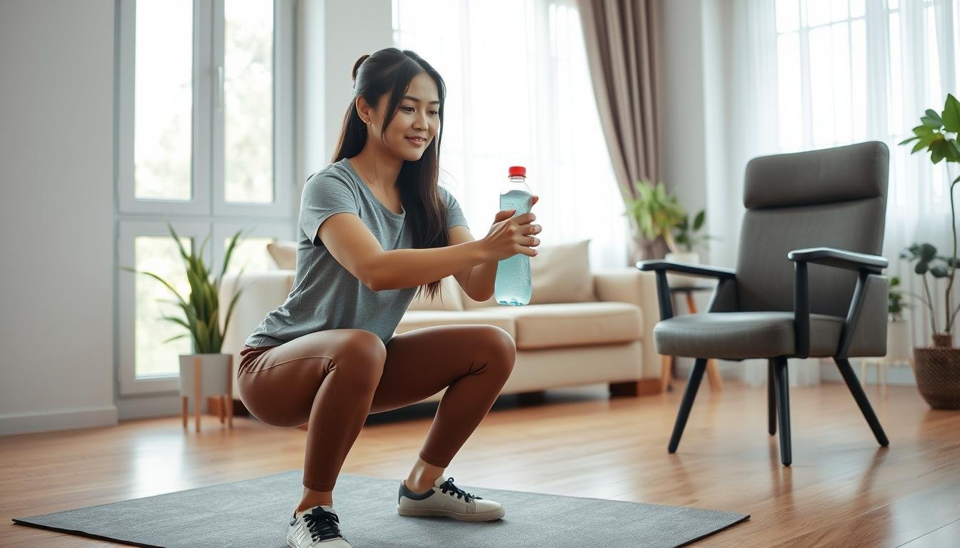 Wanita melakukan olahraga di rumah dengan alat minim seperti botol air dan kursi