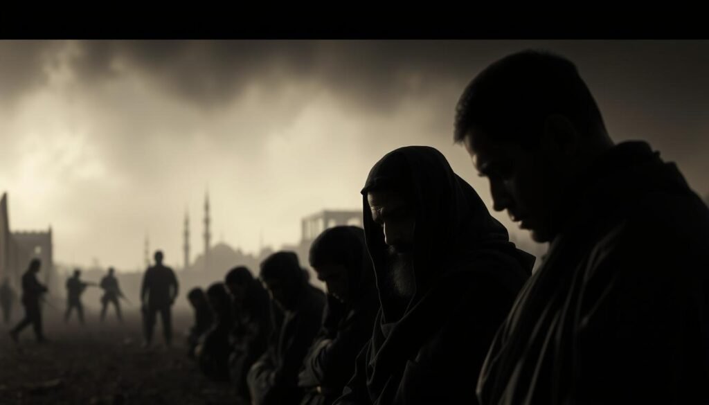 A dark, somber scene depicting the consequences of armed rebellion against a legitimate Islamic authority. In the foreground, a group of somber-faced individuals in traditional Islamic garb, their heads bowed in resignation. Behind them, a blurry background of a desolate, war-torn landscape, with the ruins of buildings and the silhouettes of armed figures in the distance. Muted lighting casts long shadows, creating a sense of foreboding and melancholy. The overall mood is one of solemnity and gravity, reflecting the gravity of the Quranic injunctions against armed insurrection against the rightful ruler.