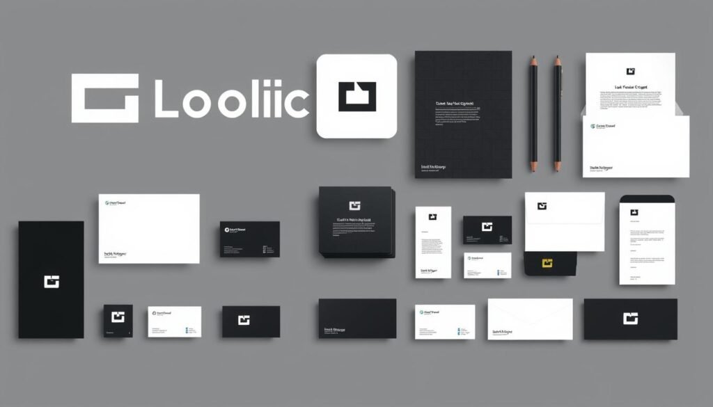 A professional and high-quality branding kit with a clean, modern logo design. The logo features a minimalist geometric shape or symbol, possibly a stylized letter or abstract icon, in a neutral color palette of black, white, and muted grays. The kit includes various brand assets such as business cards, letterhead, envelopes, and digital templates, all with a consistent visual identity. The overall aesthetic is sleek, sophisticated, and versatile, suitable for a wide range of businesses, especially startups and entrepreneurs looking to establish a strong online presence.
