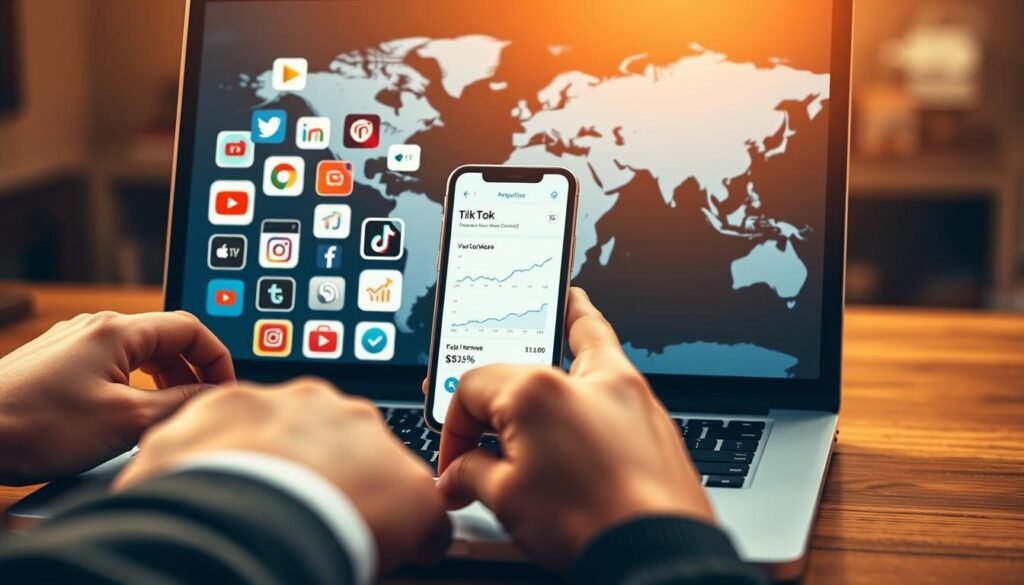 A professional, high-quality photograph of a social media monetization concept. In the foreground, a person's hands are typing on a laptop keyboard, showcasing various social media platform icons (YouTube, Instagram, TikTok, etc.). In the middle ground, a smartphone displays analytics and revenue metrics from these platforms. In the background, a stylized world map represents the global reach of social media content. The scene is lit with a warm, golden light, creating a sense of productivity and profitability. The overall atmosphere conveys the potential for content creators to generate income through strategic social media engagement and monetization.