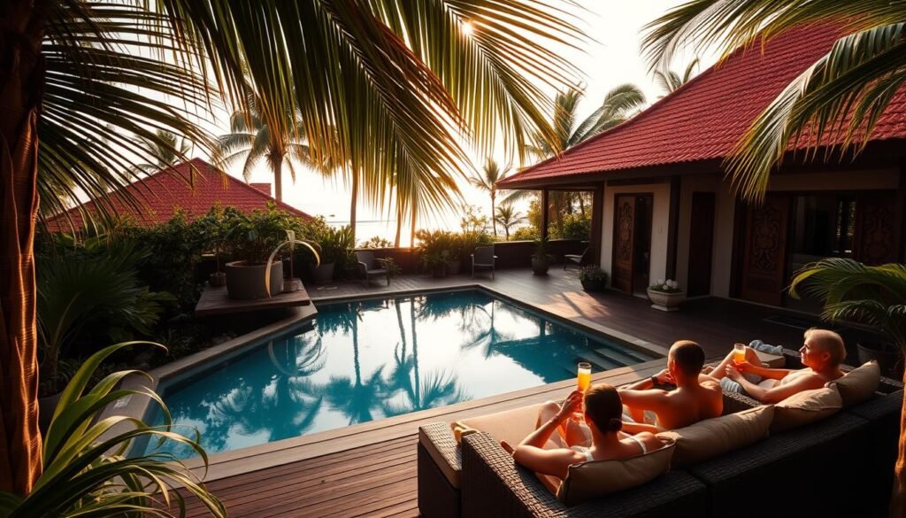 A serene Balinese villa nestled amidst lush tropical foliage, with a sprawling outdoor pool and a wooden deck overlooking the shimmering ocean. The villa's traditional Balinese architecture features ornate carved doors and a terracotta-tiled roof, blending seamlessly with the natural surroundings. Warm, diffused sunlight filters through the swaying palm fronds, creating a soft, inviting ambiance. In the foreground, a group of guests relax on plush outdoor furniture, sipping refreshing beverages and taking in the stunning ocean views. The villa's strategic location offers easy access to nearby surfing spots, making it the perfect base for a surf-themed adventure on the island of Bali.
