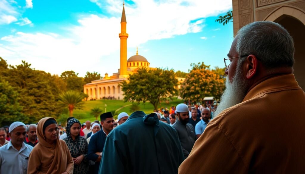 A serene mosque nestled in a lush, verdant landscape, its towering minaret piercing the azure sky. In the foreground, a group of pious individuals engaged in deep contemplation, their expressions radiating a sense of inner peace and spiritual devotion. The warm, diffused lighting casts a soft, reverent glow, while the architectural details of the mosque, such as intricate arches and ornate calligraphy, evoke the rich cultural heritage of Islamic tradition. In the background, a diverse crowd of people gathers, representing the unity and inclusivity of the faith, as they listen intently to the words of a respected religious leader, his gestures and demeanor conveying wisdom and compassion. A serene mosque nestled in a lush, verdant landscape, its towering minaret piercing the azure sky. In the foreground, a group of pious individuals engaged in deep contemplation, their expressions radiating a sense of inner peace and spiritual devotion. The warm, diffused lighting casts a soft, reverent glow, while the architectural details of the mosque, such as intricate arches and ornate calligraphy, evoke the rich cultural heritage of Islamic tradition. In the background, a diverse crowd of people gathers, representing the unity and inclusivity of the faith, as they listen intently to the words of a respected religious leader, his gestures and demeanor conveying wisdom and compassion.