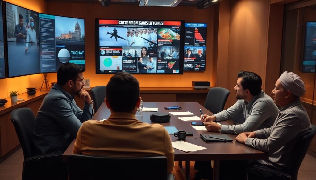 A serene newsroom setting with journalists and editors gathered around a conference table, deep in discussion. Warm, muted lighting casts a pensive atmosphere as they analyze news reports and social media chatter related to the issue of "bughat" - armed rebellion against legitimate authority. In the background, a large screen displays an array of data visualizations and news headlines, highlighting the media's pivotal role in shaping public perception and understanding of this complex Islamic legal concept. The faces of the professionals convey a sense of responsibility and thoughtfulness as they navigate the nuances of reporting on this sensitive topic.