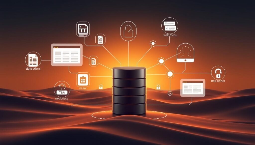 A sleek and modern database system, with clean user interfaces and intuitive data management tools. The foreground showcases a central database server, surrounded by diverse data sources like spreadsheets, web forms, and mobile apps, all seamlessly integrated. The middle ground features a network of interconnected nodes, representing the core components of the database: storage, query processing, and security mechanisms. The background depicts a serene, minimalist landscape, hinting at the efficient and reliable nature of the overall system. Warm lighting casts a subtle glow, highlighting the harmonious interplay of software and hardware elements. The scene conveys a sense of technological sophistication, functionality, and user-friendliness, perfectly encapsulating the essence of a robust database system.