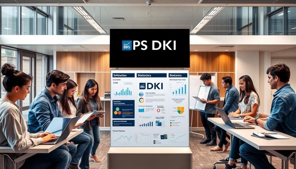 A well-lit, high-resolution image of a modern statistics education corner on a university campus. In the foreground, a group of diverse students collaboratively analyzing statistical data on laptops and whiteboards. In the middle ground, an informative display showcasing the BPS DKI logo, data visualization tools, and educational materials. The background features a sleek, well-equipped classroom setting with large windows, providing an airy and welcoming atmosphere. The overall scene conveys the BPS DKI's meaningful contribution to enhancing statistical literacy and fostering a dynamic learning environment.