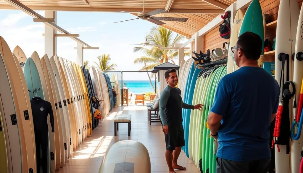 A well-lit, spacious surfboard rental shop in the heart of Bali's coastal town, with a warm, tropical ambiance. Rows of neatly organized surfboards in various sizes and colors line the walls, inviting beachgoers to choose their perfect ride. In the foreground, a friendly shopkeeper assists a customer, offering guidance and equipment recommendations. The middle ground showcases an array of accessories, from wetsuits to leashes, while the background frames a glimpse of the azure ocean and swaying palm trees, setting the stage for an exhilarating surfing adventure.