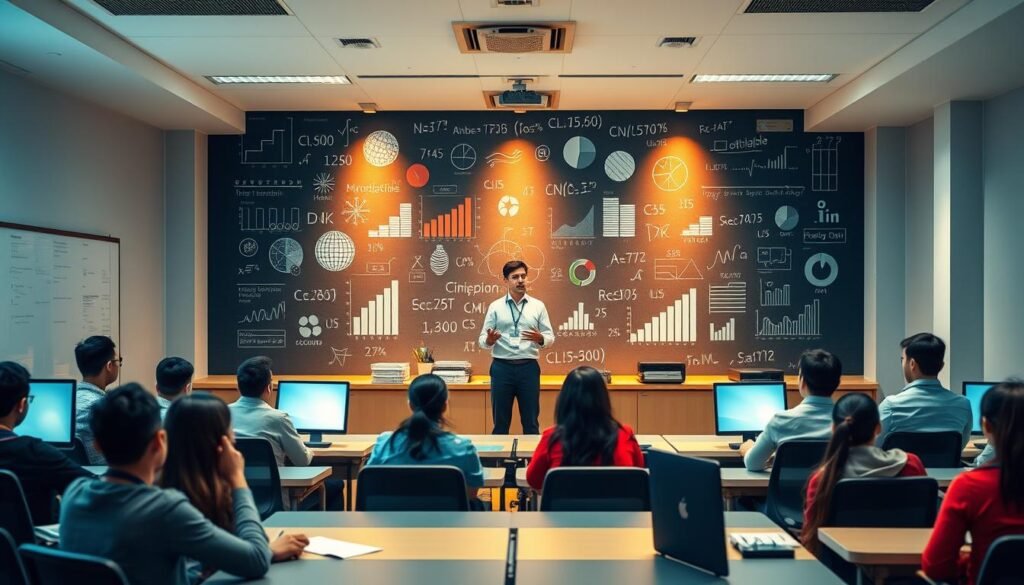 Inovasi Pengajaran Statistika: a stunning visualization of modern statistical education. In the foreground, a group of students engaged in lively discussions, surrounded by a well-equipped classroom featuring sleek whiteboards and state-of-the-art computers. The middle ground showcases a professor passionately delivering a lecture, using innovative teaching methods to bring statistics to life. In the background, a mural depicting data visualizations, charts, and formulas, reflecting the depth and complexity of the subject matter. The lighting is warm and inviting, creating a sense of intellectual curiosity and academic rigor. The overall composition conveys the university's commitment to advancing statistical knowledge and empowering the next generation of analysts and researchers.