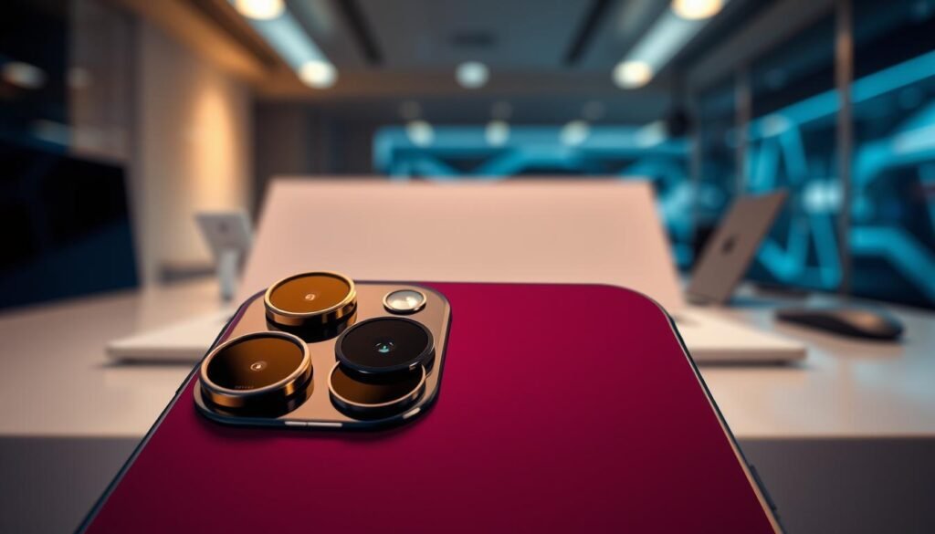 A close-up view of the iPhone 17's advanced camera system set against a sleek, modern background. In the foreground, highlight the three lenses arranged vertically, showcasing their reflective glass and fine detailing, while showcasing the innovative design elements like the flash and sensors. In the middle ground, capture the elegant silhouette of the iPhone 17, with the distinct curved edges and premium finish, emphasizing its futuristic aesthetic. The background should feature a softly blurred high-tech environment, perhaps a minimalistic workspace with ambient lighting that enhances the sophistication of the device. The scene should be well-lit, using soft diffused light to accentuate the curves and textures of the iPhone, creating a mood of innovation and luxury.