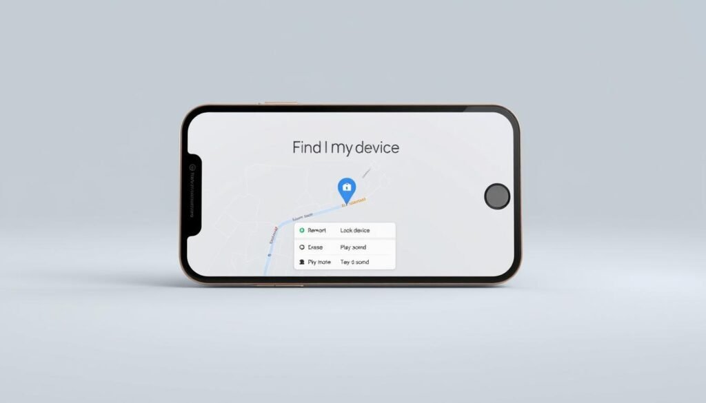 A high-resolution image of a smartphone screen displaying the "Find My Device" interface from Google. The screen shows a map with the location of the lost device pinpointed, along with options to remotely lock, erase, or play a sound on the device. The interface has a clean, intuitive design with clear icons and text. The smartphone is depicted in a realistic 3D style, with a sleek, modern design and high-quality materials. The background is a simple, neutral tone that keeps the focus on the device and the "Find My Device" functionality. The lighting is soft and natural, creating a calm and professional atmosphere. A high-resolution image of a smartphone screen displaying the "Find My Device" interface from Google. The screen shows a map with the location of the lost device pinpointed, along with options to remotely lock, erase, or play a sound on the device. The interface has a clean, intuitive design with clear icons and text. The smartphone is depicted in a realistic 3D style, with a sleek, modern design and high-quality materials. The background is a simple, neutral tone that keeps the focus on the device and the "Find My Device" functionality. The lighting is soft and natural, creating a calm and professional atmosphere.