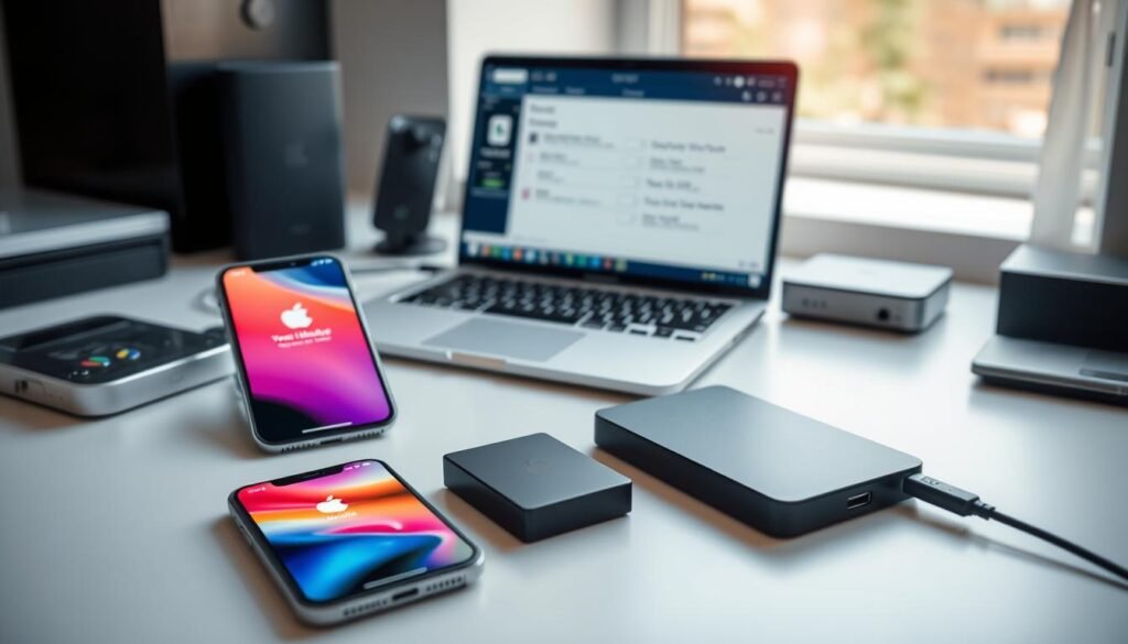A sleek, modern workspace featuring a recent iOS update interface displayed on a high-resolution iPhone screen, surrounded by various backup devices such as SSDs and external hard drives. In the foreground, an iPhone is showing the update progress bar with vibrant graphics, while a compact, stylish SSD is positioned next to it, emphasizing a fast backup process. The middle layer includes a laptop displaying backup settings on the screen, softly illuminated by natural lighting from a nearby window, creating a productive atmosphere. The background remains slightly blurred to keep the focus on the devices, with a minimalist desk clutter-free. The mood is innovative and efficient, embodying the ease of backing up data without iTunes, highlighting the new iOS features. A sleek, modern workspace featuring a recent iOS update interface displayed on a high-resolution iPhone screen, surrounded by various backup devices such as SSDs and external hard drives. In the foreground, an iPhone is showing the update progress bar with vibrant graphics, while a compact, stylish SSD is positioned next to it, emphasizing a fast backup process. The middle layer includes a laptop displaying backup settings on the screen, softly illuminated by natural lighting from a nearby window, creating a productive atmosphere. The background remains slightly blurred to keep the focus on the devices, with a minimalist desk clutter-free. The mood is innovative and efficient, embodying the ease of backing up data without iTunes, highlighting the new iOS features.
