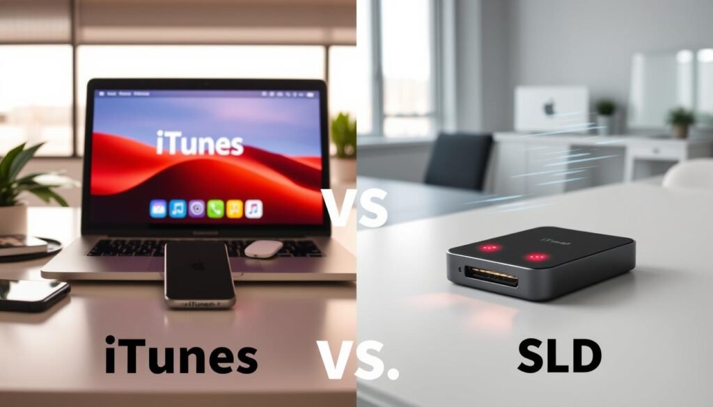 A split-screen comparison image illustrating the backup methods of iTunes versus SSD for an iPhone. On the left, depict a sleek interface of iTunes on a laptop screen, surrounded by icons of data files and an iPhone, under soft, warm lighting for a cozy, traditional tech atmosphere. On the right, showcase a compact, modern SSD placed on a clean surface, with a fast data transfer animation and glowing LED indicators, illuminated by bright, cool lighting to evoke a sense of speed and efficiency. The background should be a minimalist office setting to convey professionalism. The scene should feel informative and engaging, inviting viewers to explore the advantages of each backup method. A split-screen comparison image illustrating the backup methods of iTunes versus SSD for an iPhone. On the left, depict a sleek interface of iTunes on a laptop screen, surrounded by icons of data files and an iPhone, under soft, warm lighting for a cozy, traditional tech atmosphere. On the right, showcase a compact, modern SSD placed on a clean surface, with a fast data transfer animation and glowing LED indicators, illuminated by bright, cool lighting to evoke a sense of speed and efficiency. The background should be a minimalist office setting to convey professionalism. The scene should feel informative and engaging, inviting viewers to explore the advantages of each backup method.