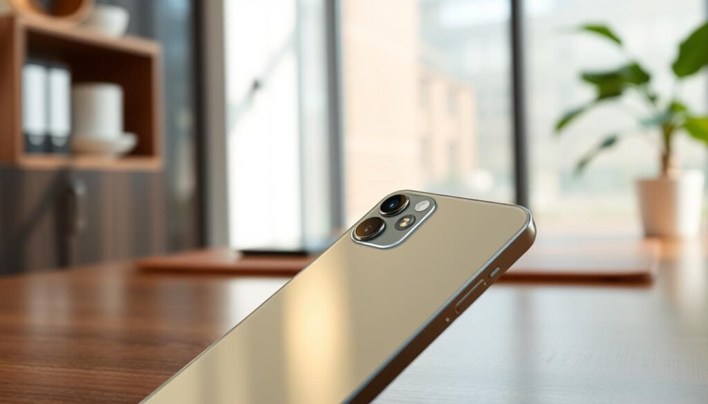An elegant display of the latest iPhone 17 series, showcasing its sleek and sophisticated design. The foreground features the iPhone angled to highlight its glossy finish and refined contours, with the camera lens glistening under soft, natural light. The middle section includes a minimalist workspace with a polished wooden desk, subtly enhancing the phone's luxury aesthetic. In the background, a blurred modern environment suggests innovation, with hints of greenery to evoke a refreshing feel. Utilize soft, diffused lighting to create an inviting atmosphere, emphasizing the phone’s elegance and superior durability. Capture the image at a slight upward angle to convey prestige, ensuring no text or overlays are included.