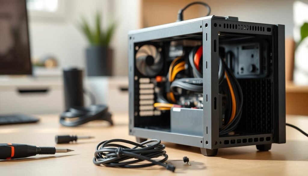 A close-up view of a mini ITX computer casing, specifically designed to highlight its features for a compact SFF build. The casing should be sleek and modern, showcasing compatibility with Flex-ATX power supplies. In the foreground, the casing's side panel is slightly ajar to reveal cables and internal components, emphasizing the ease of assembly. The middle ground features the casing resting on a clean workbench, with tools like a screwdriver and cable ties placed neatly nearby, symbolizing the assembly process. The background is softly blurred, hinting at a well-lit workspace with neutral tones, creating a calm and focused atmosphere. Use natural lighting to highlight the texture and finish of the casing, providing clarity without harsh shadows. A close-up view of a mini ITX computer casing, specifically designed to highlight its features for a compact SFF build. The casing should be sleek and modern, showcasing compatibility with Flex-ATX power supplies. In the foreground, the casing's side panel is slightly ajar to reveal cables and internal components, emphasizing the ease of assembly. The middle ground features the casing resting on a clean workbench, with tools like a screwdriver and cable ties placed neatly nearby, symbolizing the assembly process. The background is softly blurred, hinting at a well-lit workspace with neutral tones, creating a calm and focused atmosphere. Use natural lighting to highlight the texture and finish of the casing, providing clarity without harsh shadows.