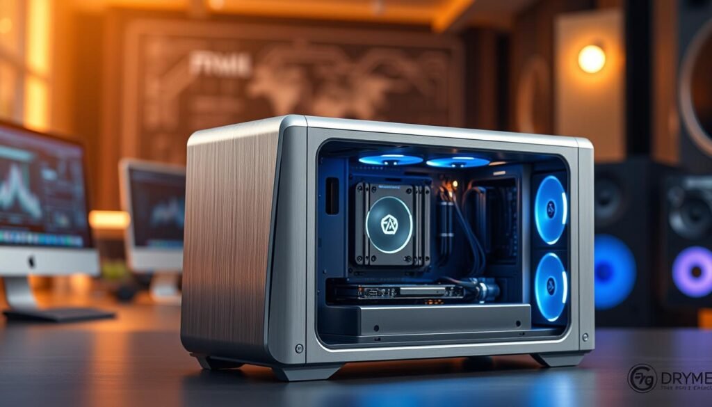 A compact, premium casing designed for small form factor (SFF) PCs, showcasing a sleek and modern aesthetic. The foreground features the casing with a brushed aluminum finish, showcasing its elegant curves and cutouts for effective airflow. In the middle ground, soft LED lighting highlights the internal components, emphasizing the space-efficient layout and Flex-ATX power supply integration. The casing is angled to reveal its innovative design possibilities. The background is softly blurred to create depth, with hints of tech elements like circuit patterns or a distant workstation setup. The overall mood is sophisticated and high-tech, with a balance of professionalism and creativity in product design. Lighting should be warm and inviting, enhancing the premium materials. A compact, premium casing designed for small form factor (SFF) PCs, showcasing a sleek and modern aesthetic. The foreground features the casing with a brushed aluminum finish, showcasing its elegant curves and cutouts for effective airflow. In the middle ground, soft LED lighting highlights the internal components, emphasizing the space-efficient layout and Flex-ATX power supply integration. The casing is angled to reveal its innovative design possibilities. The background is softly blurred to create depth, with hints of tech elements like circuit patterns or a distant workstation setup. The overall mood is sophisticated and high-tech, with a balance of professionalism and creativity in product design. Lighting should be warm and inviting, enhancing the premium materials.