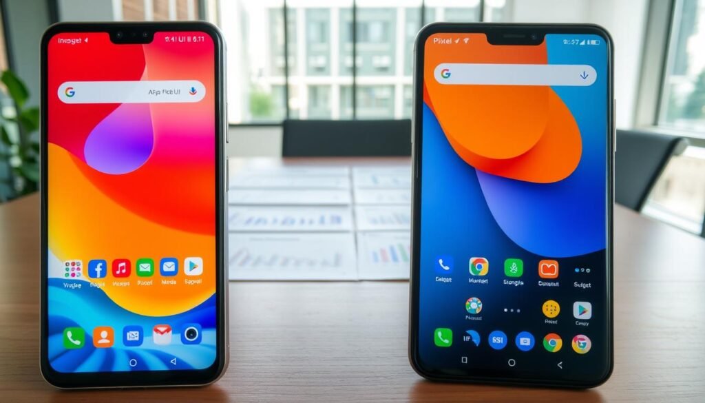 A detailed analysis of smartphone system applications, featuring two distinct smartphones side by side: one showcasing the One UI 6.1 interface, and the other representing the Pixel UI. In the foreground, highlight the vibrant colors of each UI with icons and menus visible, focusing on their unique design features. In the middle ground, include a sleek wooden desk equipped with technical analysis tools like graphs and charts comparing application functionalities. The background should depict a modern office setting, softly illuminated by natural light filtering through a large window, creating an atmosphere of professionalism and focused analysis. Use a shallow depth of field to add emphasis to the smartphones while maintaining clarity. The overall mood should be analytical and insightful, capturing the essence of a thorough comparison without any distractions.