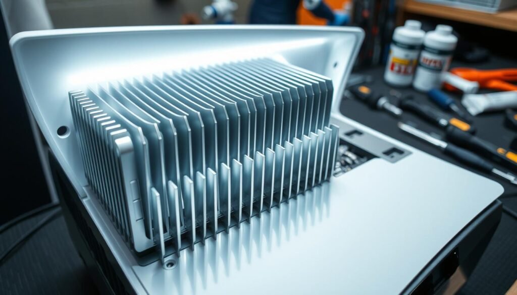 A detailed and realistic depiction of a PS5 console with its heatsink exposed for maintenance. The foreground features a close-up view of the akses heatsink glistening under bright white LED lighting, showcasing its intricate design and metallic finish. Within the middle ground, the PS5’s main structure is visible, with thermal pads partially removed, indicating an ongoing maintenance process. The background includes neatly organized tools like screwdrivers and thermal paste, providing a workshop ambiance. The scene should have a clean, professional mood, focusing on clarity and precision. The camera angle should be slightly above eye level, capturing the depth and detail of the setup without any people present.