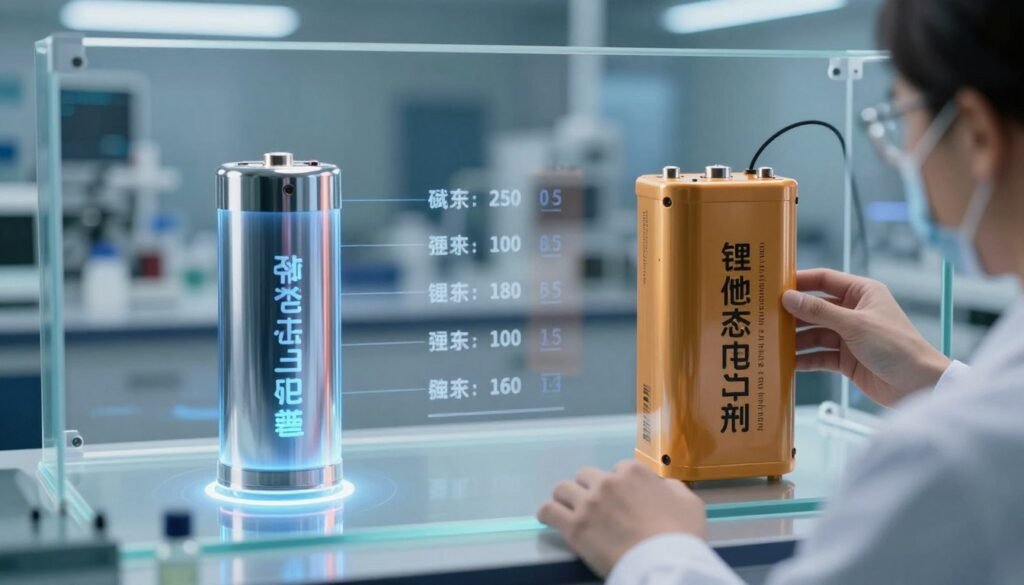 A detailed comparison image of solid-state batteries and lithium-ion batteries, showcasing one battery type on the left and the other on the right. The solid-state battery features a sleek, modern design, highlighted with a luminous glow to indicate advanced technology. The lithium-ion battery appears more traditional with realistic textures and labels, illustrating its widespread use. In the foreground, a scientist in professional attire analyzes both batteries through a clear glass panel, presenting a sense of professionalism and innovation. In the middle, a blurred diagram shows technical specifications, while the background features a high-tech laboratory setting with soft, focused lighting that emphasizes the batteries. The overall mood is informative and forward-thinking, reflecting the latest advancements in battery technology. A detailed comparison image of solid-state batteries and lithium-ion batteries, showcasing one battery type on the left and the other on the right. The solid-state battery features a sleek, modern design, highlighted with a luminous glow to indicate advanced technology. The lithium-ion battery appears more traditional with realistic textures and labels, illustrating its widespread use. In the foreground, a scientist in professional attire analyzes both batteries through a clear glass panel, presenting a sense of professionalism and innovation. In the middle, a blurred diagram shows technical specifications, while the background features a high-tech laboratory setting with soft, focused lighting that emphasizes the batteries. The overall mood is informative and forward-thinking, reflecting the latest advancements in battery technology.