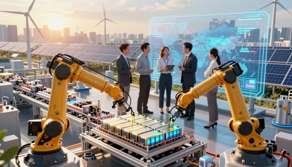 A futuristic landscape illustrating global production development in the battery industry. In the foreground, showcase a high-tech assembly line with robotic arms assembling solid-state batteries, detailed with intricate components. In the middle ground, depict diverse engineers and scientists discussing strategies while analyzing digital graphs on a transparent touchscreen, all dressed in professional business attire. The background features a sprawling cityscape with solar panels and wind turbines, symbolizing sustainable energy advancements. Use dramatic lighting to highlight the innovation, with a warm, optimistic glow suggesting progress and collaboration. The angle should be a slight bird's-eye view, providing depth and emphasizing the scale of global production. The overall mood should be inspiring and forward-thinking, reflecting a bright future in battery technology. A futuristic landscape illustrating global production development in the battery industry. In the foreground, showcase a high-tech assembly line with robotic arms assembling solid-state batteries, detailed with intricate components. In the middle ground, depict diverse engineers and scientists discussing strategies while analyzing digital graphs on a transparent touchscreen, all dressed in professional business attire. The background features a sprawling cityscape with solar panels and wind turbines, symbolizing sustainable energy advancements. Use dramatic lighting to highlight the innovation, with a warm, optimistic glow suggesting progress and collaboration. The angle should be a slight bird's-eye view, providing depth and emphasizing the scale of global production. The overall mood should be inspiring and forward-thinking, reflecting a bright future in battery technology.