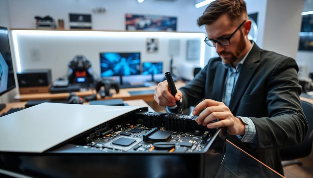 A meticulous and professional setting showcasing regular maintenance of a gaming console, preferably a PlayStation 5. In the foreground, display a technician in smart casual clothing, focused on carefully replacing thermal pads within the PS5, highlighting the intricate components and tools like thermal paste and small screwdrivers. In the middle ground, a well-organized workbench filled with various tech gadgets and maintenance tools can be observed, while the background features a modern gaming room ambiance, with LED lighting casting a soft glow. Use natural lighting to enhance the clarity and detail of the scene, aiming for a slightly above-eye-level camera angle to capture the depth and craftsmanship of the moment. The overall mood should be one of professionalism and diligence, emphasizing the importance of regular maintenance in ensuring optimal performance.