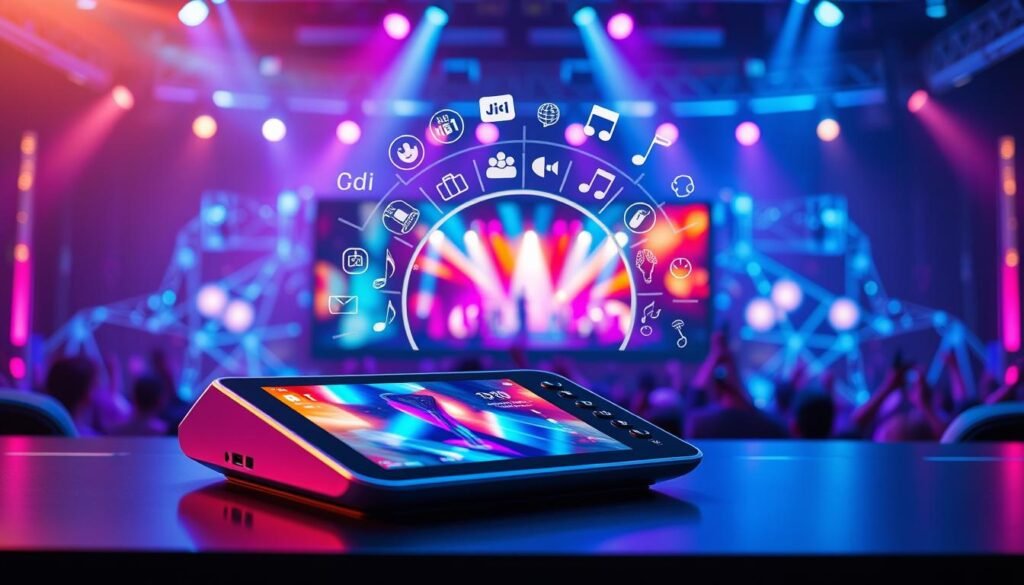 A modern streaming platform interface showcasing high-quality audiovisual content during a vibrant virtual concert. In the foreground, a sleek, futuristic digital device with a vivid screen displays colorful, dynamic visuals of a live performance, with animated graphics and music notes. The middle layer features symbols of streaming, such as diverse media icons and soundwave patterns radiating from the device, conveying a sense of energy and innovation. In the background, a digital landscape with abstract representations of connectivity and high-speed internet, illuminated by soft blue and purple lights. The atmosphere is energetic and immersive, capturing the excitement of a live concert experience, with a focus on clarity and modern aesthetics. Soft lighting highlights the digital elements, evoking a sense of high-tech ambiance. A modern streaming platform interface showcasing high-quality audiovisual content during a vibrant virtual concert. In the foreground, a sleek, futuristic digital device with a vivid screen displays colorful, dynamic visuals of a live performance, with animated graphics and music notes. The middle layer features symbols of streaming, such as diverse media icons and soundwave patterns radiating from the device, conveying a sense of energy and innovation. In the background, a digital landscape with abstract representations of connectivity and high-speed internet, illuminated by soft blue and purple lights. The atmosphere is energetic and immersive, capturing the excitement of a live concert experience, with a focus on clarity and modern aesthetics. Soft lighting highlights the digital elements, evoking a sense of high-tech ambiance.