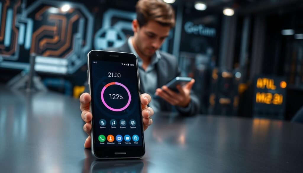 A sleek mid-range smartphone displayed prominently in the foreground, showcasing its elegant design with a glossy finish and vibrant screen lighting. Its user interface highlights performance metrics, symbolizing fast processing capabilities. In the middle ground, a tech-savvy individual in smart casual attire interacts with the smartphone, demonstrating its features while focused on the device. The background features a high-tech environment with subtle hints of circuitry or digital data symbols, creating an atmosphere of innovation. Soft, diffused lighting illuminates the scene, highlighting the smartphone's details while maintaining a professional tone. The angle is slightly tilted to emphasize the user's engagement, conveying a sense of modern technology and performance in action.